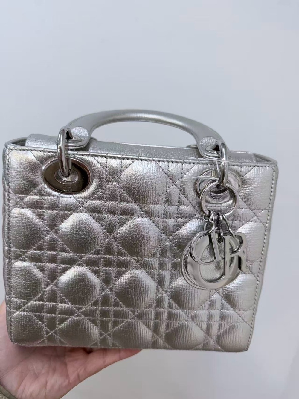 Dior Metallic Silver Quilted Lady Dior Mini Top-Handle Bag